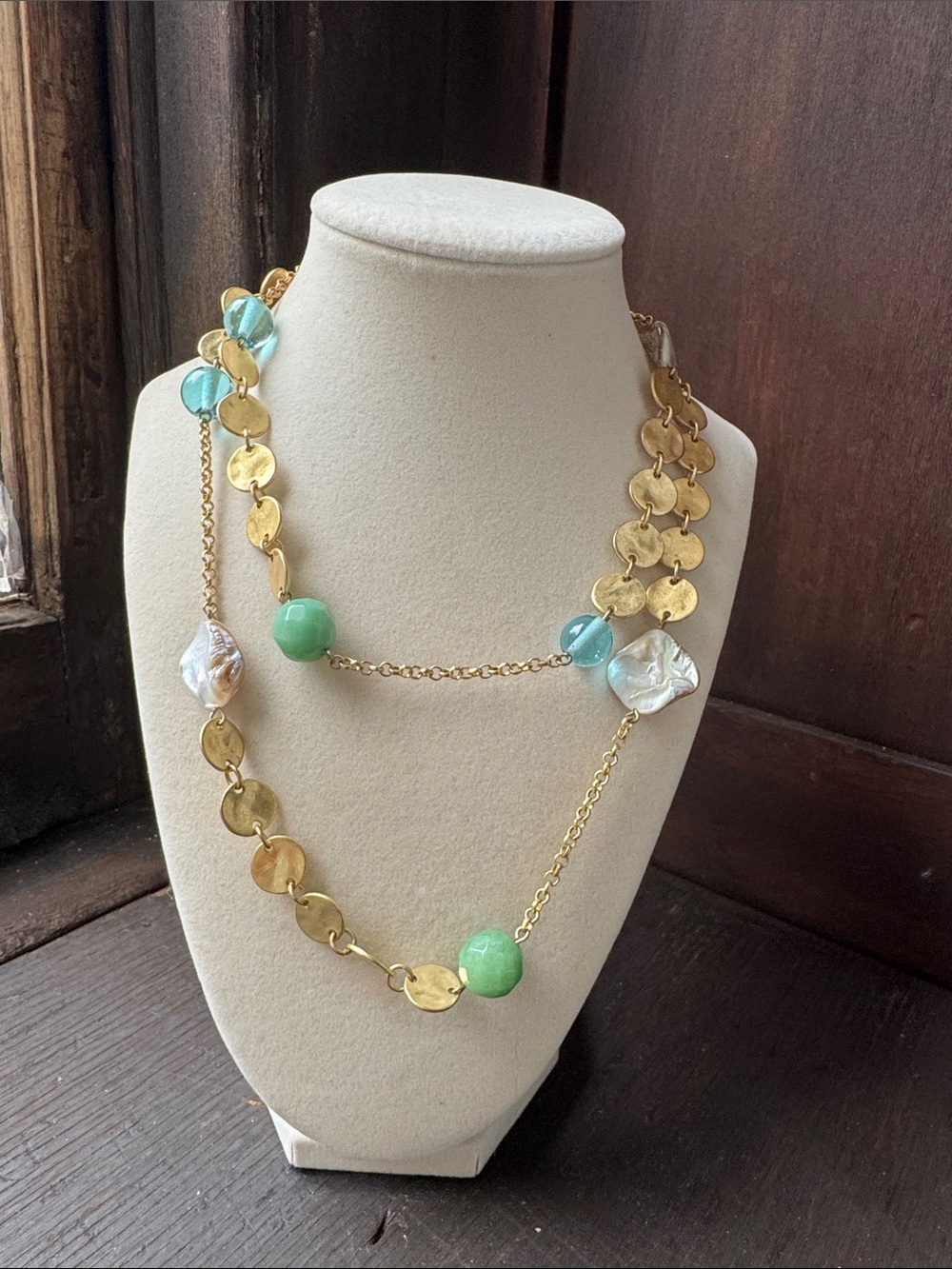 Gold Disc Multi-Strand Necklace with Green and Turquoise Beads double wrap